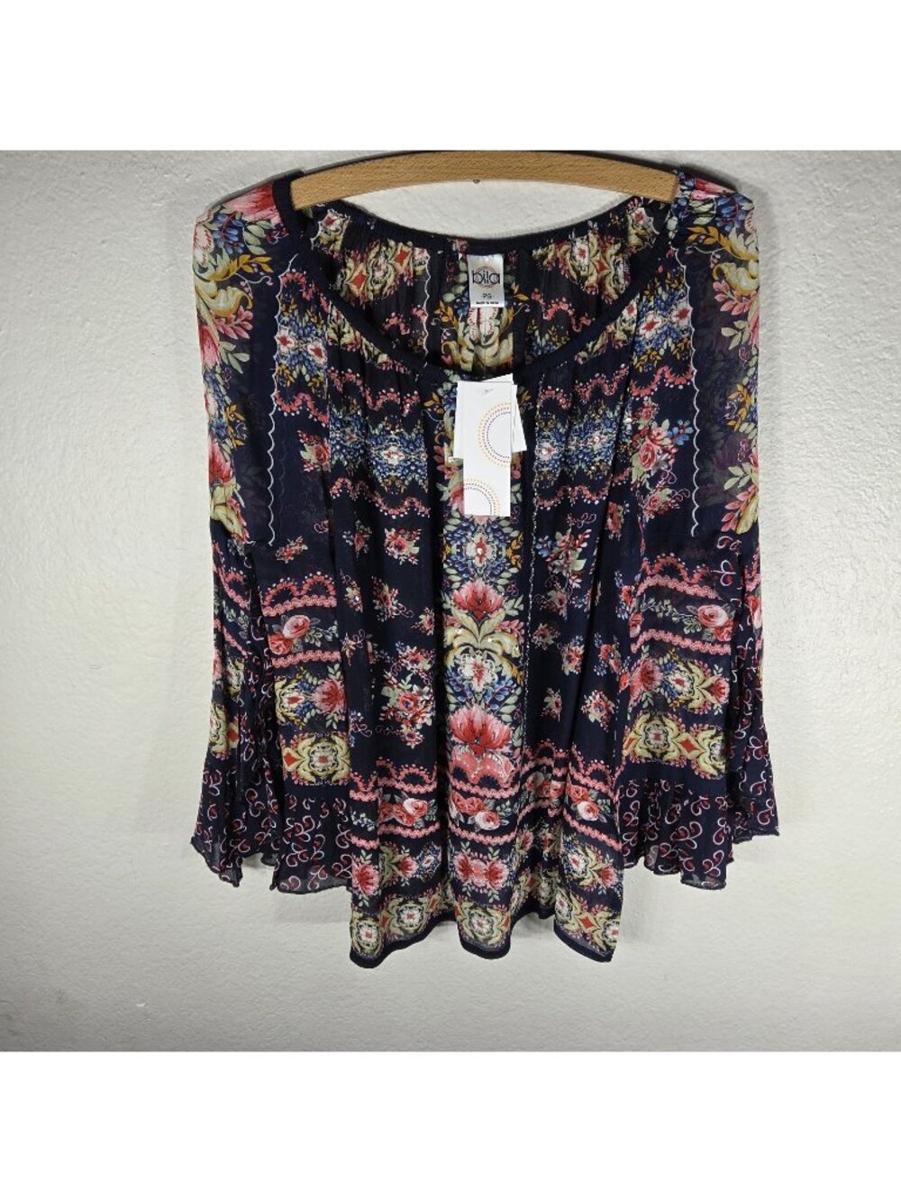 Bila Top Blouse SP Sheer Navy Multicolor Floral 3/4 Bell Sleeve Ruffle Peasant